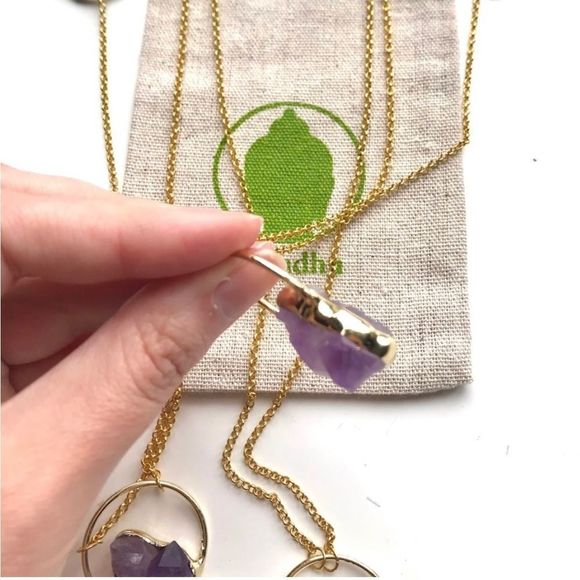 Frosted Matte Amethyst Stone Cluster Electroplated Pendent - 18 Karat Gold Chain - Picture 3 of 5